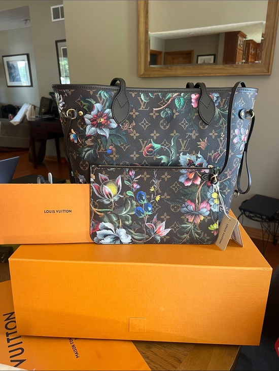 Louis Vuitton Handbags - M:28918-Louis Vuitton Brown Floral Monogram Neverfull MM with Multicolor Accents